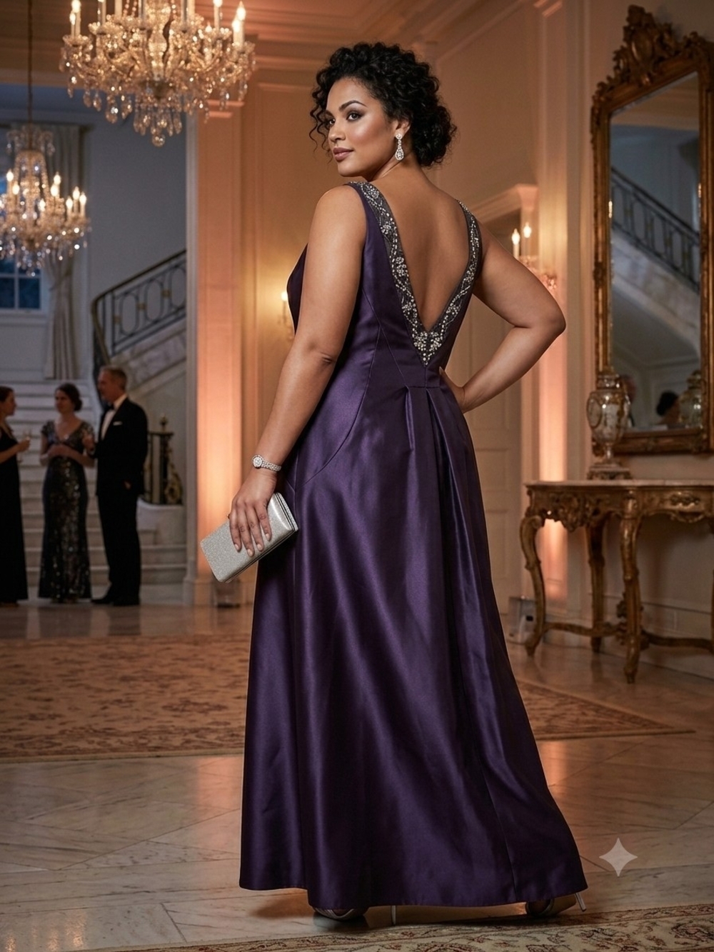 Ignite Evenings Plum Purple Satin Gown Beaded Illusion Neck 16W